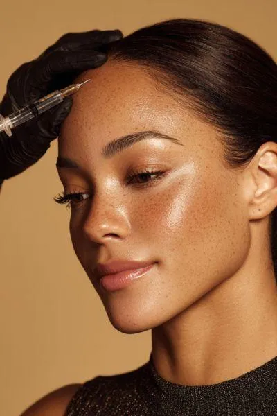 Close-up of a woman receiving wrinkle-relaxing injections forehead injection at One8Clinic in Melrose Arch, Sandton, performed by a medical professional using precise technique for natural, youthful facial rejuvenation.