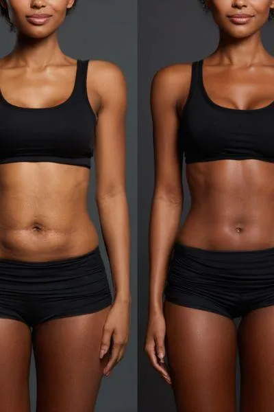 Before and after VASER liposuction results showing enhanced abdominal definition and skin tightening on a woman — non-invasive fat reduction at One8Clinic in Melrose Arch, Sandton, Johannesburg