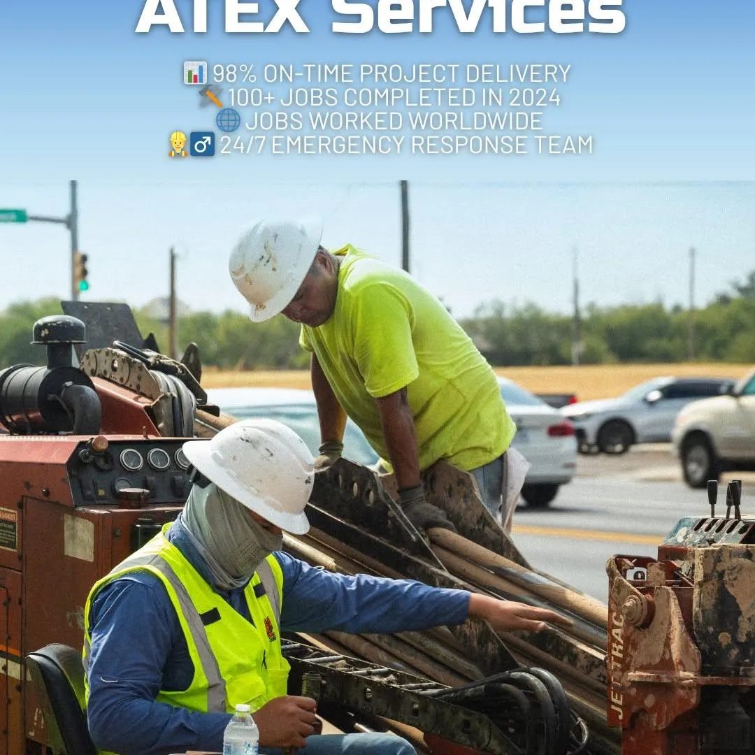 ATEX Services workers in safety gear managing active construction site for commercial, civic, and infrastructure architecture projects in Texas and Colorado