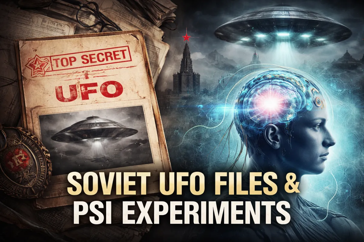 Illustration showing Soviet UFO files, a flying saucer, and psi experiments representing paranormal research