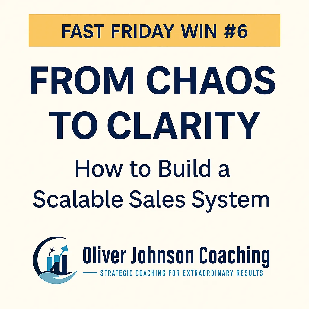 A cream and navy graphic with gold banner reading "Fast Friday Win #6 – From Chaos to Clarity", with Oliver Johnson Coaching logo at the bottom.