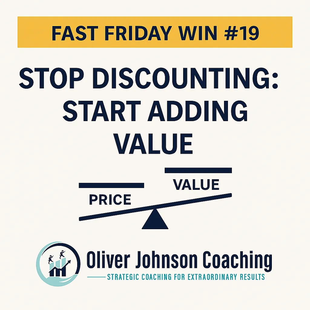 Branded blog header image: “Fast Friday Win #19 – Stop Discounting: Start Adding Value – Oliver Johnson Coaching.”