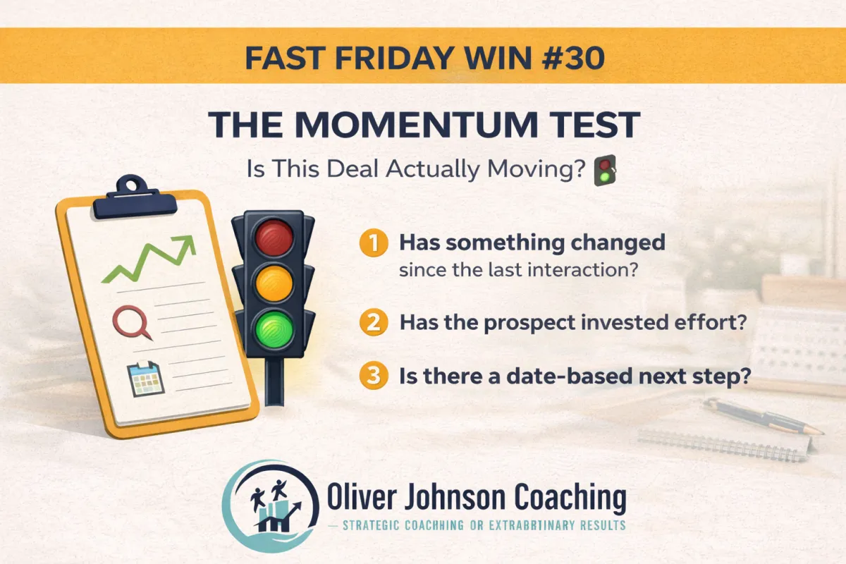 Branded blog header image for Fast Friday Win #30 titled “The Momentum Test, Is This Deal Actually Moving?” featuring a traffic light and checklist illustration in navy and gold on a cream background with Oliver Johnson Coaching branding.