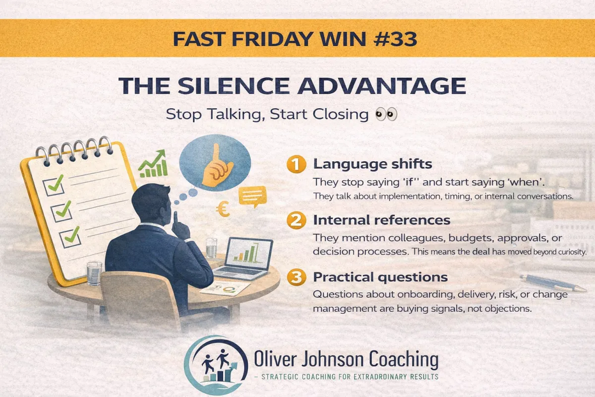 Branded blog header image for Fast Friday Win #33 titled “The Silence Advantage, Stop Talking, Start Closing,” featuring a professional illustration of a salesperson making a shushing gesture, checklist and sales icons, and navy and gold text on a cream background with the Oliver Johnson Coaching logo at the bottom.