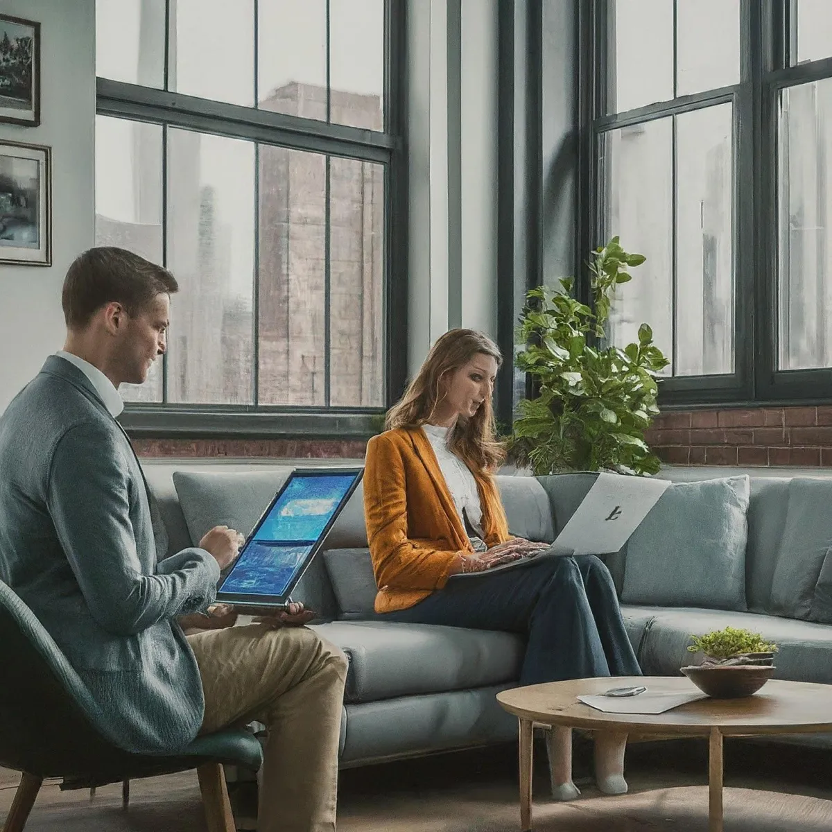 Image of Woman and Man sitting while looking at devices