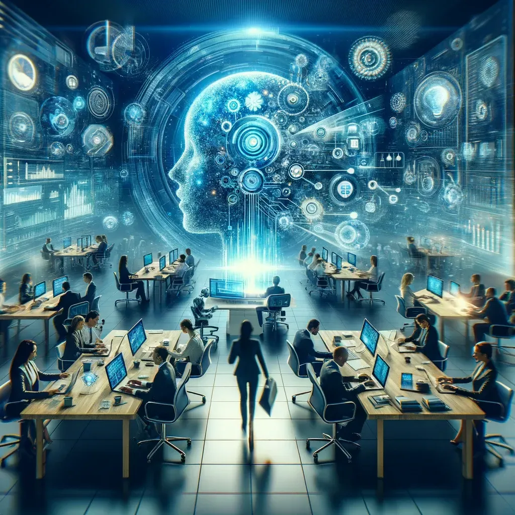 image effectively represents the fusion of advanced technology and human talent within a sales environment, capturing the essence of revolutionizing recruitment in sales with cutting-edge tools.