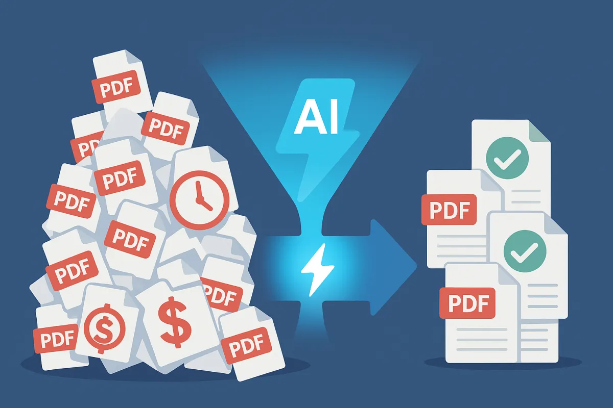 A graphic depicting a mountain of PDFs on the lefthand side with a filter in the middle with 'AI' caption in the middle of it, signifying automation.