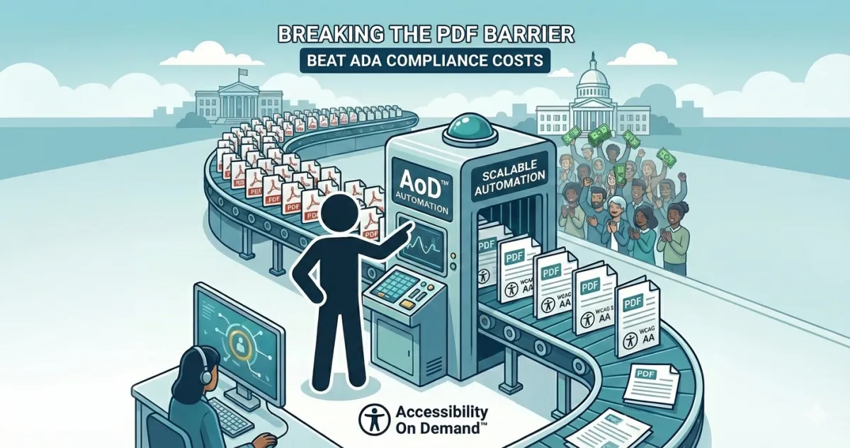 A graphic of a wave of PDF documents hitting a brick wall, a metaphor for the impossible task of remediating all PDFs manually.