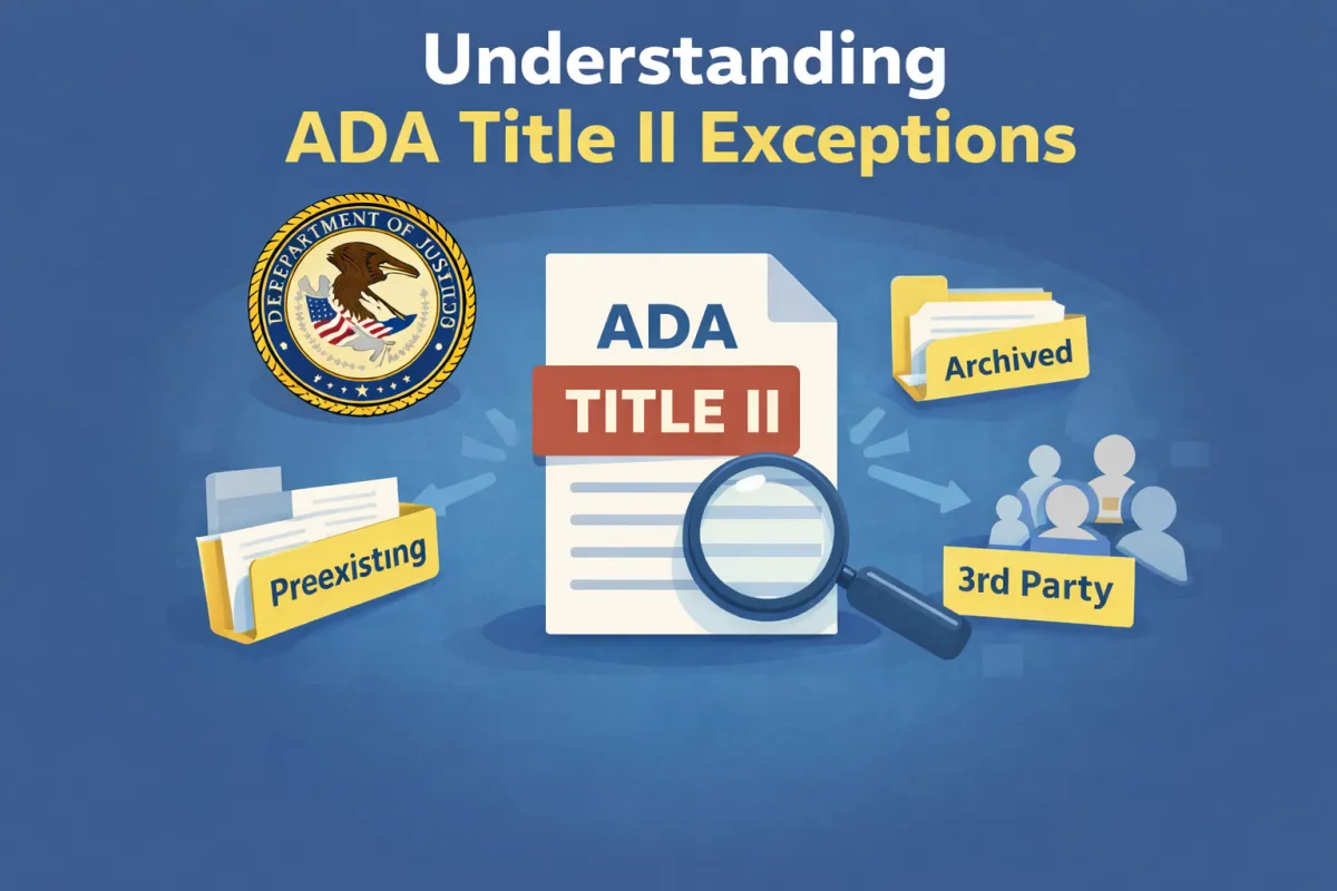 Informational graphic titled “Understanding ADA Title II Exceptions.” A central document labeled “ADA Title II” is shown with a magnifying glass. Surrounding icons represent the U.S. Department of Justice, preexisting documents, archived content, and third-party content, illustrating categories of exceptions under ADA Title II.