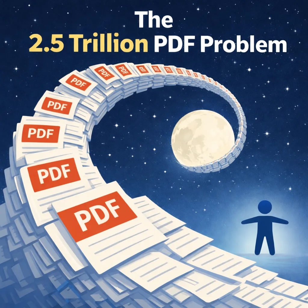 Illustration titled “The 2.5 Trillion PDF Problem.” A spiral made of stacked PDF documents curves upward through a starry night sky, encircling a glowing moon at its center. At the base of the spiral stands a simplified human figure, looking toward the rising PDF spiral, symbolizing the scale and challenge of managing inaccessible PDF documents.
