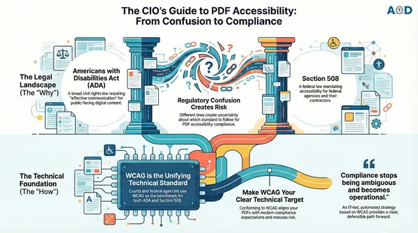 Graphic description: The "Accessibility Triple Play" infographic clarifies that while the ADA and Section 508 are the primary legal frameworks for digital content, WCAG serves as the "de facto" technical foundation required to meet the enforcement standards for both. It illustrates how IT leaders can shift from reactive compliance to a proactive strategy by utilizing automation-first platforms to remediate high-risk PDFs and validate them against measurable success criteria. Ultimately, the visual demonstrates that treating PDF accessibility as a governed systems problem replaces regulatory ambiguity with a scalable, operational workflow that ensures defensible digital inclusion.