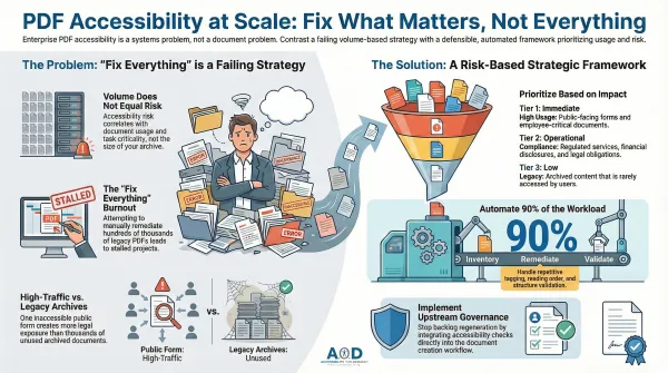 Infographic titled “PDF Accessibility at Scale: Fix What Matters, Not Everything” contrasting a failing volume-based remediation strategy with a risk-based framework. The left side shows an overwhelmed professional surrounded by error-labeled PDFs, highlighting problems such as “Fix Everything” burnout, stalled projects, and the difference between high-traffic public forms and unused legacy archives. The right side presents a funnel-shaped prioritization model that ranks documents by impact, from immediate high-usage content to low-priority legacy files. A visual workflow emphasizes automating 90 percent of inventory, remediation, and validation tasks, alongside implementing upstream governance to prevent recurring accessibility issues.