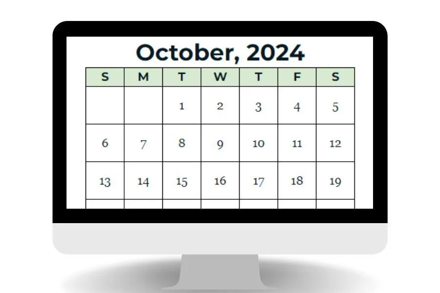 October 2024 calendar in a computer monitor.