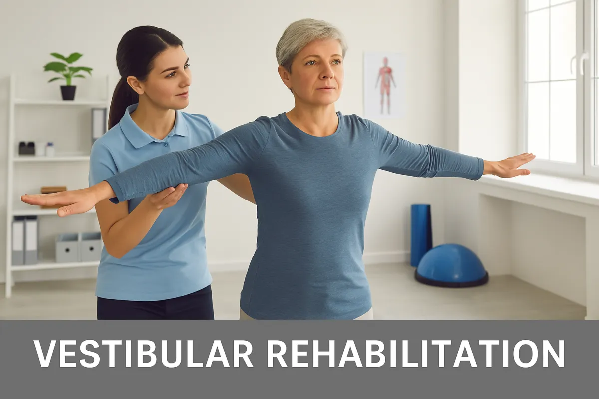 A calm and supportive clinical setting where a physiotherapist assists a patient in balance exercises during vestibular rehab.