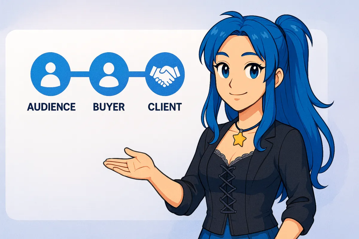 Christina with blue hair explaining CRM lifecycle pipeline stages for tracking client relationships in FableForge