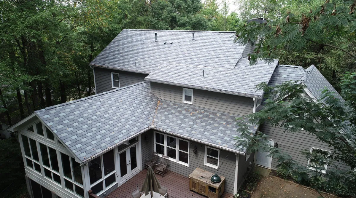 Close-up of gray slate tile roof on high-end home in Colorado Springs