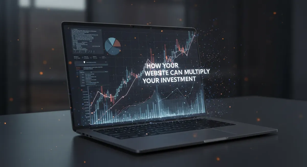 An open laptop with holograms of icons and a chart in a bullish trajectory