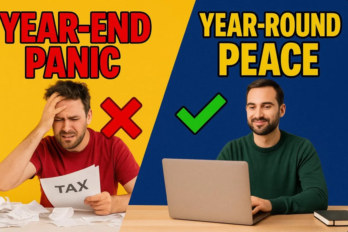 Business owner stressed over tax paperwork contrasted with another smiling at a laptop—showing the shift from year-end panic to year-round peace through monthly bookkeeping by Best Decision Bookkeeping.