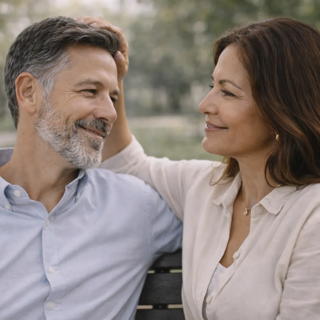 a couple sitting on a park bench. The women runs her fingers through the mans hair.