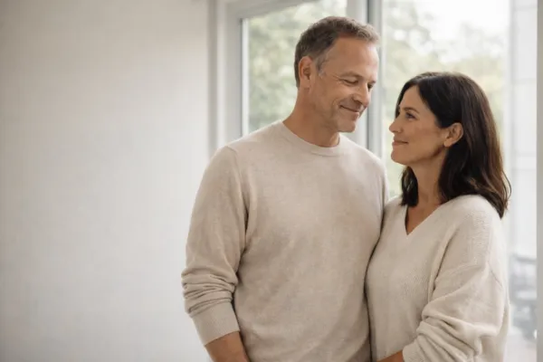 a couple with rejuvenated love for each other stands happy together