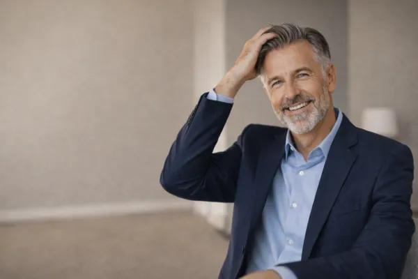 a man in his 50's running his fingers through his newly regrown hair