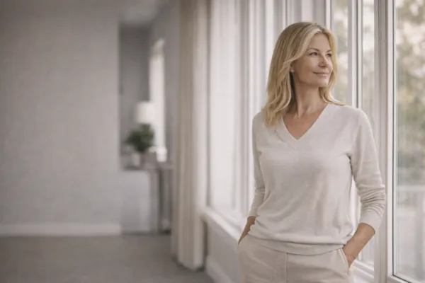 a gorgeous naturally beautiful older women standing comfortably next to a window