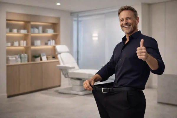 a man in his early 50's standing in a weight loss clinic holding his waist band out indicating the amount of weight he's lost