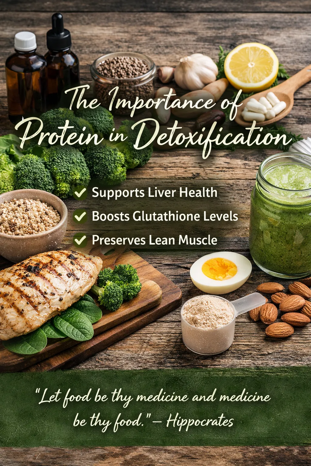 Protein-rich foods like chicken, quinoa, almonds, and a green smoothie on a wooden table, highlighting the importance of protein in natural detoxification.