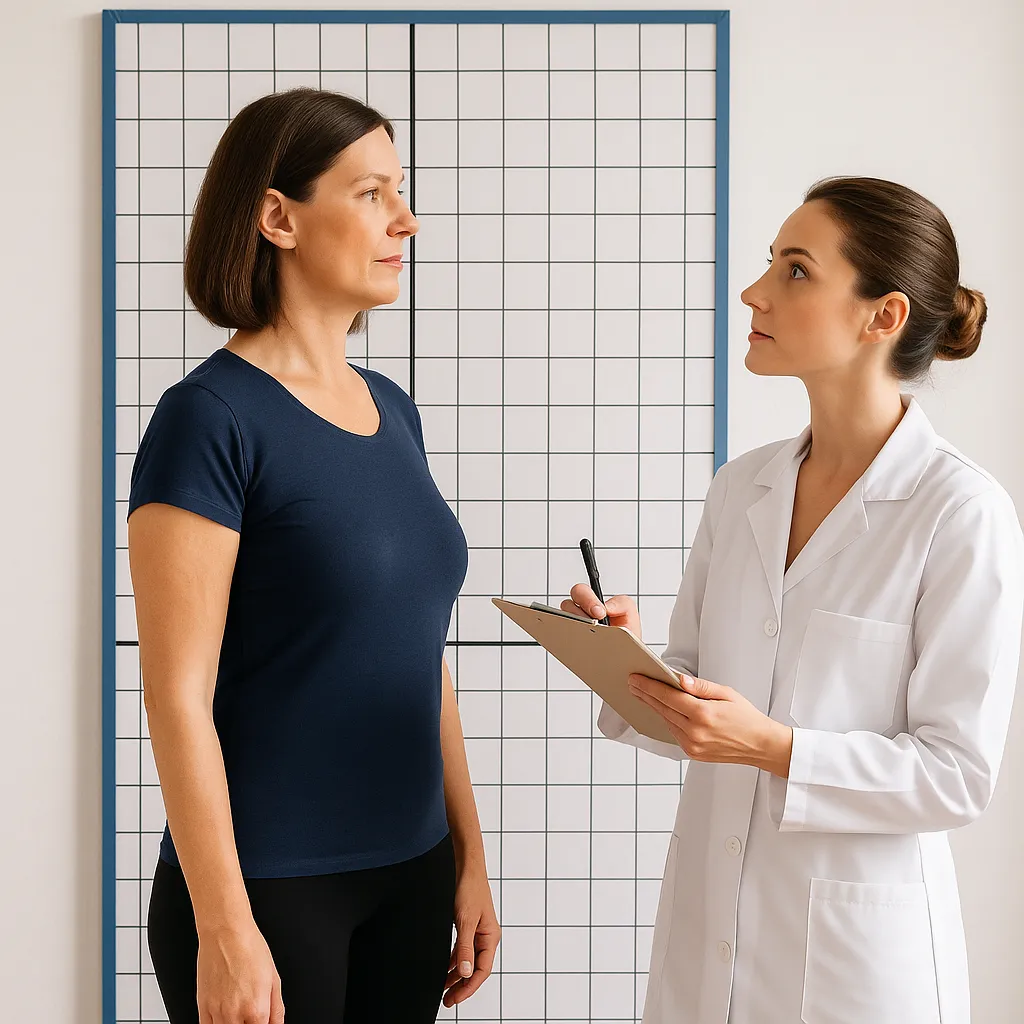 Donna over 40 in piedi di profilo durante un test posturale, con una professionista sanitaria in camice bianco che prende appunti su una cartella, davanti a una griglia di riferimento per la postura.