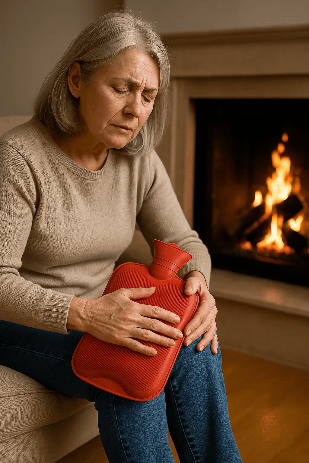 Donna di 60 anni seduta vicino al camino acceso, con borsa dell’acqua calda sul ginocchio destro per alleviare il dolore, in un ambiente caldo e accogliente.