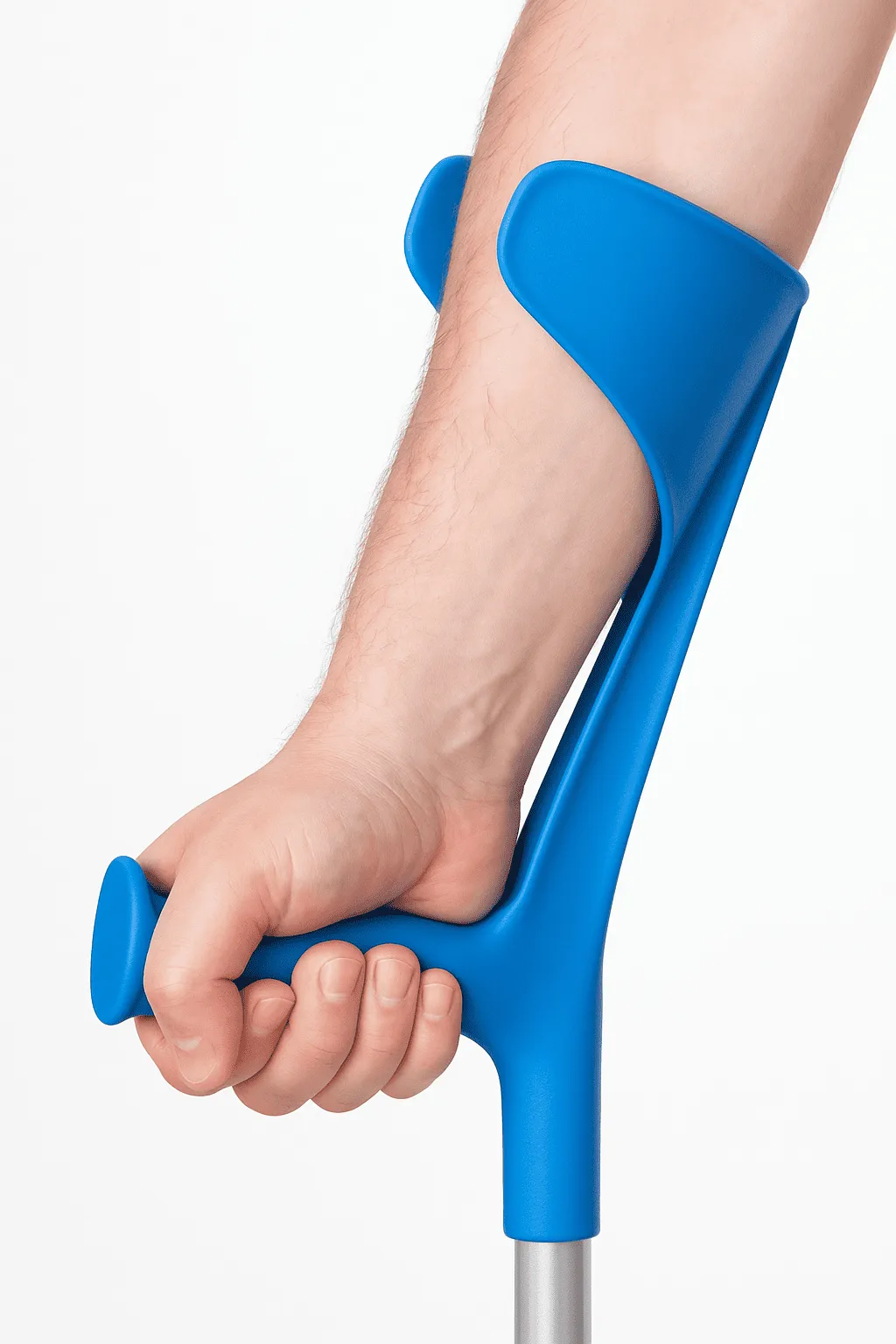 Mano che impugna una stampella azzurra con supporto antibrachiale, simbolo del sovraccarico sul polso e delle problematiche legate alla necrosi del semilunare; immagine realistica su sfondo bianco
