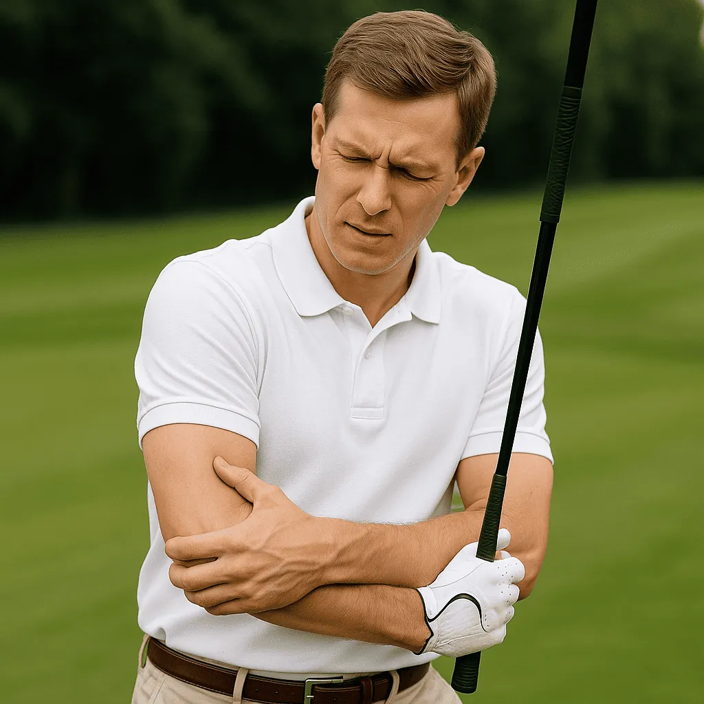 Un golfista elegante e ben curato, vestito con polo bianca e pantaloni beige, si tiene il gomito con espressione di dolore sul campo da golf, simbolo dell’epitrocleite