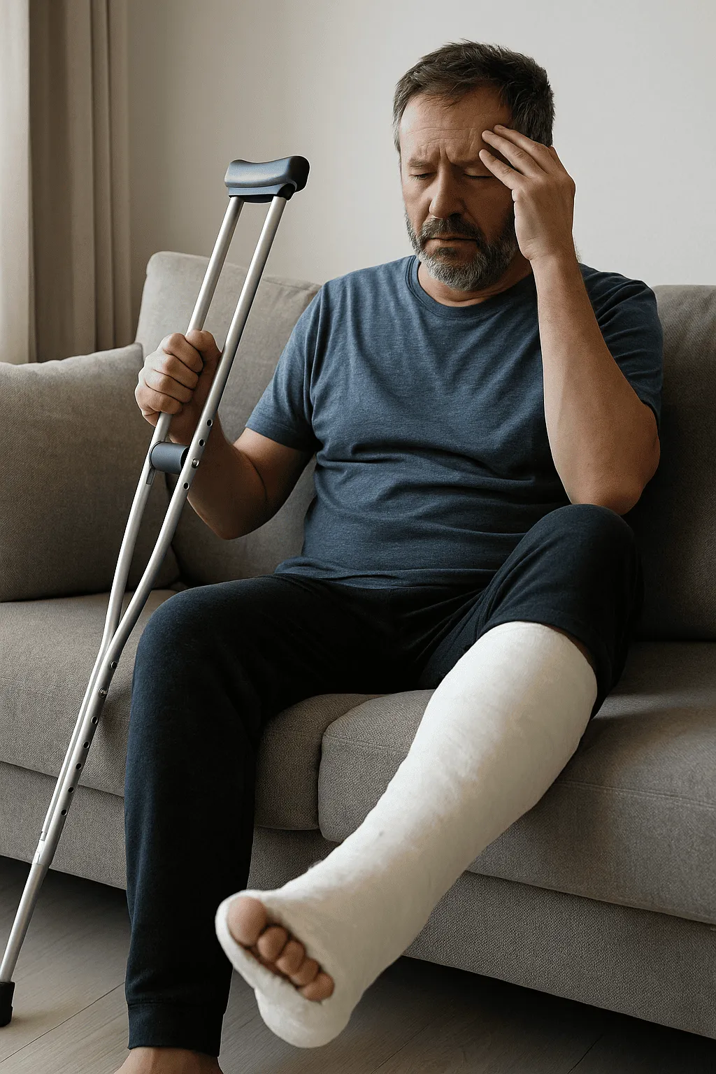 Uomo di mezza età seduto su un divano, con una gamba gessata e una stampella accanto. Indossa abiti comodi e mostra un’espressione di dolore o frustrazione, simbolo di una frattura che non si consolida. Ambiente domestico, luce naturale e tono realistico.