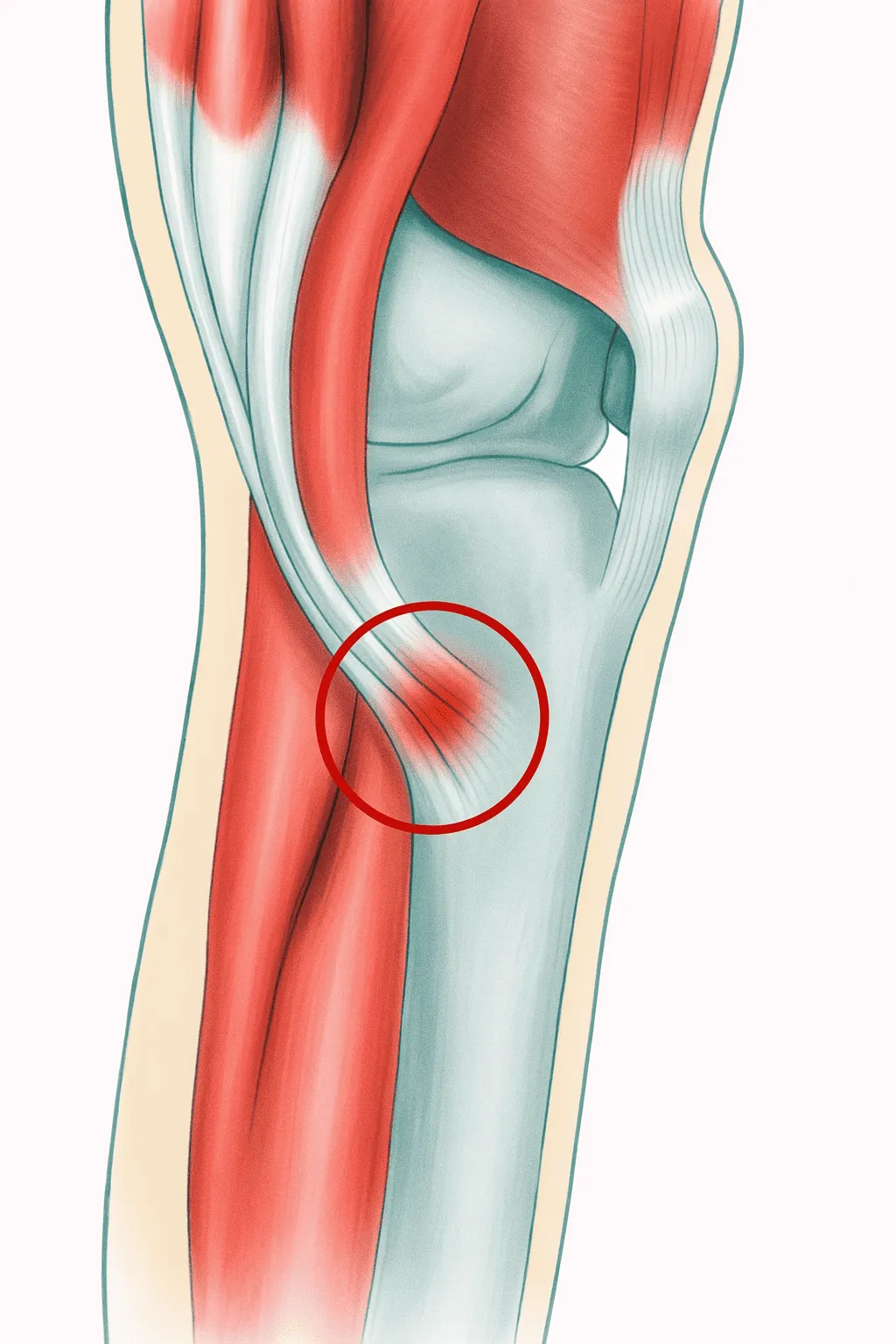 Illustrazione medica del ginocchio che mostra la tendinopatia della zampa d’oca: evidenza dei muscoli in rosso, dei tendini in bianco e dell’area infiammata nella parte interna del ginocchio, cerchiata in rosso.