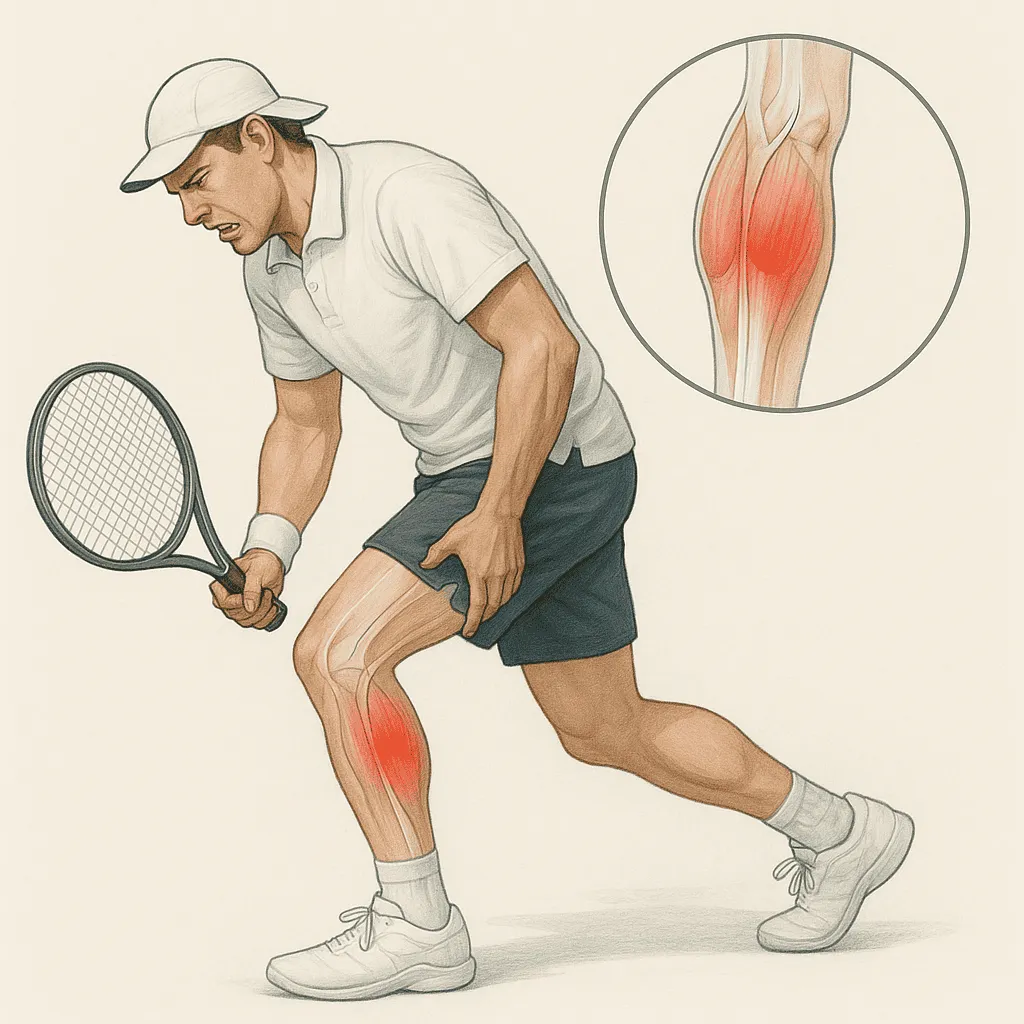Illustrazione medica di un tennista che avverte una fitta al polpaccio durante il movimento. È evidenziata in trasparenza la zona anatomica del muscolo gastrocnemio lesionato, segnalata da un’area rossa. Sfondo neutro, stile realistico e didattico.