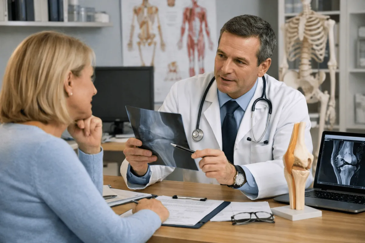 **Alt text suggerito:** Medico specialista durante una prima visita accurata spiega una radiografia a una paziente, instaurando un rapporto di fiducia e valutando la diagnosi per pianificare un trattamento mirato.