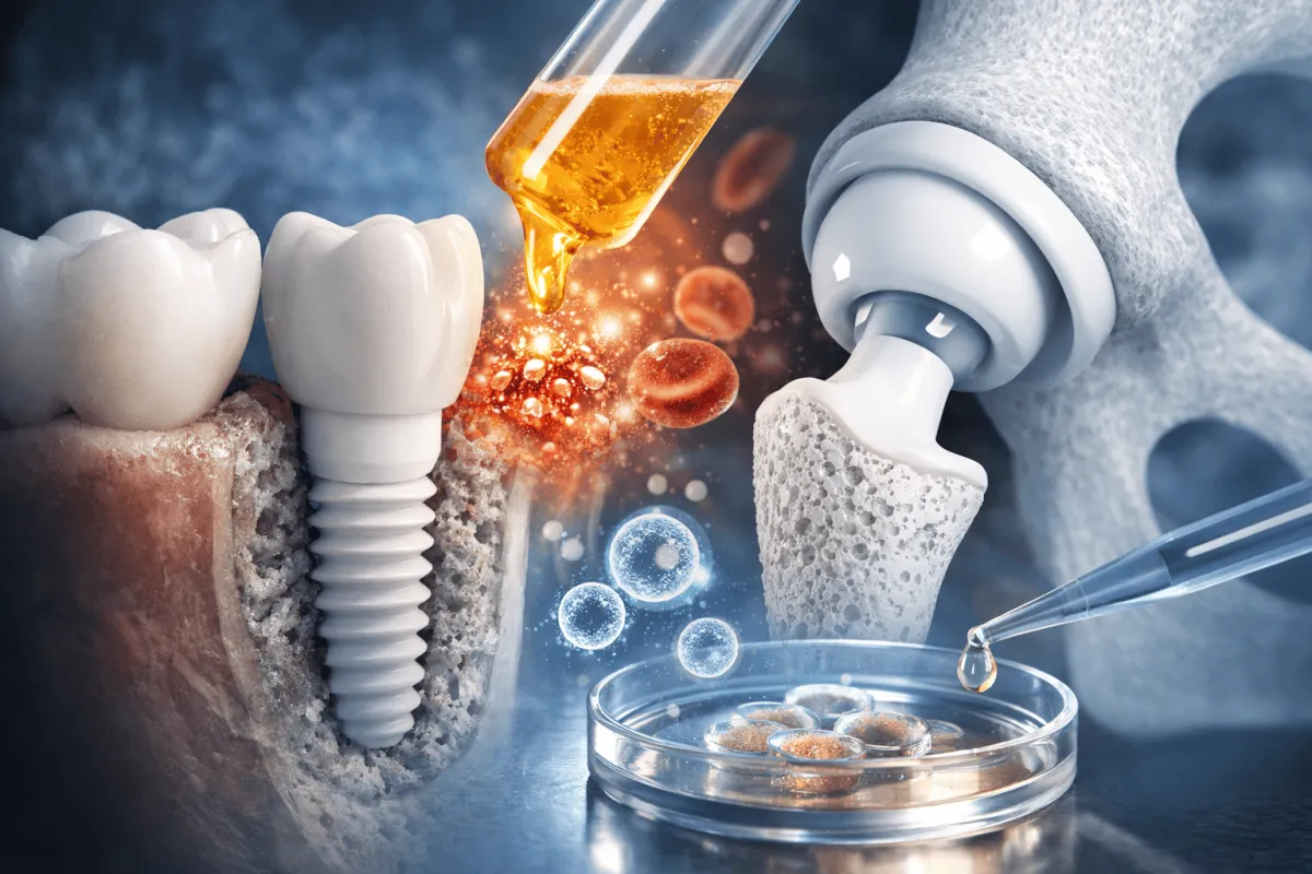 Immagine evocativa di impianti in zirconia in ambito odontoiatrico e ortopedico, con superficie ceramica bioattivata da PRP e cellule staminali che favoriscono l’osteointegrazione e la rigenerazione ossea.