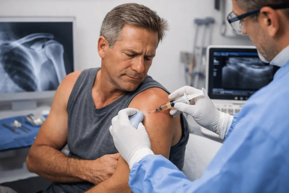 Infiltrazione ecoguidata alla spalla in uomo di mezza età con dolore cronico, eseguita in ambulatorio medico come trattamento rigenerativo alternativo alla chirurgia.