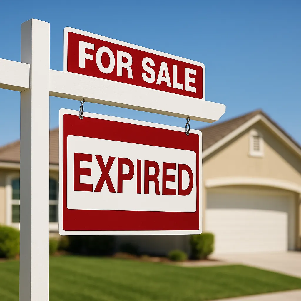 Frustrated homeowner looking at unsold California home with "Listing Expired" 