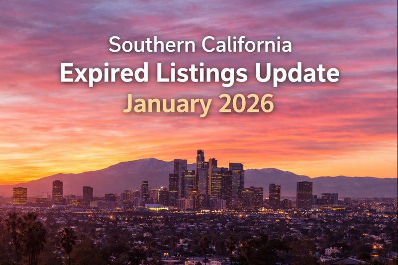 Southern California skyline at sunrise with overlay text reading Southern California Expired Listings Update January 2026