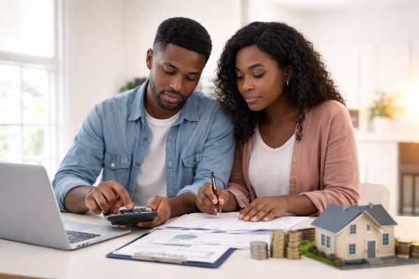 Self Employed couple reviewing financial documents before FHA mortgage approval in South Florida