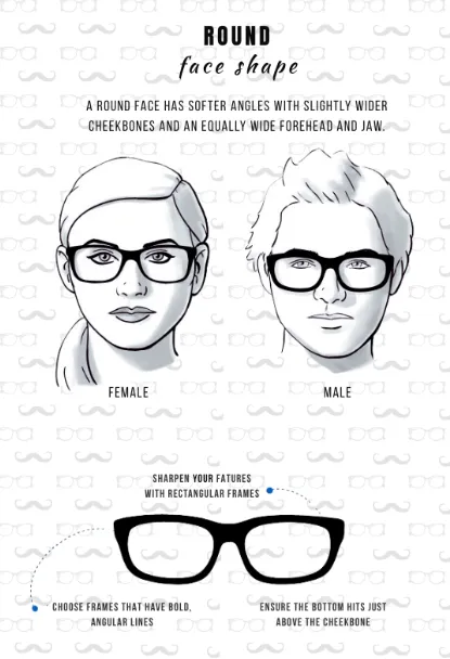 Bold, sharp-edged eyeglasses styled for round face shape
