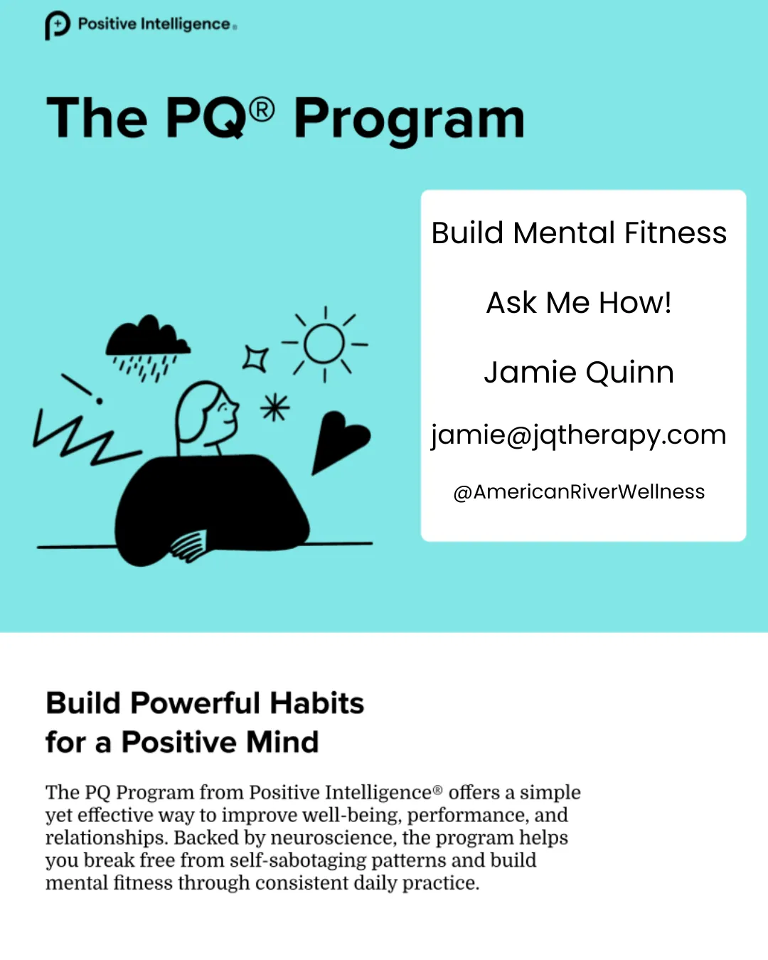 Pq program description, Jamie's contact information on a blue PQ cartoon image with heart, raincloud symbols.