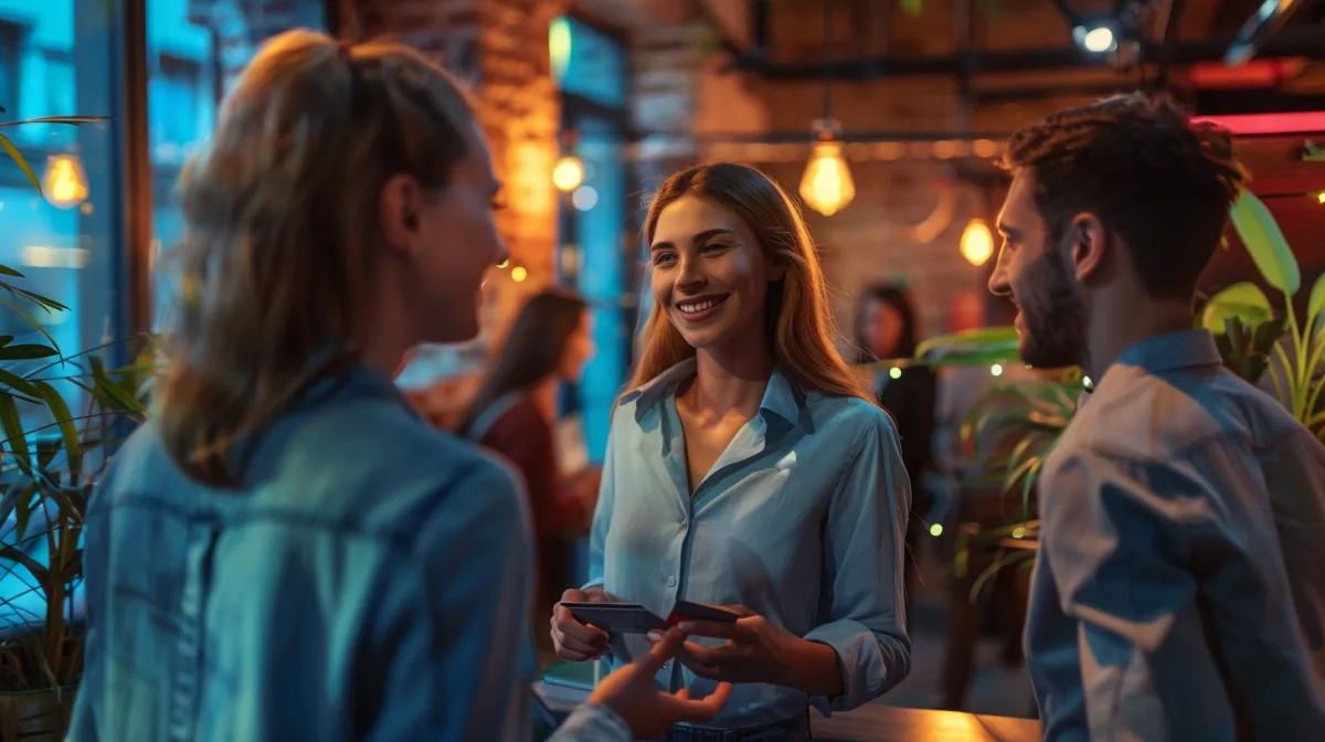 Young professionals networking at a lively indoor event, exchanging business cards in a warmly lit modern space, representing entrepreneurial collaboration and connection.