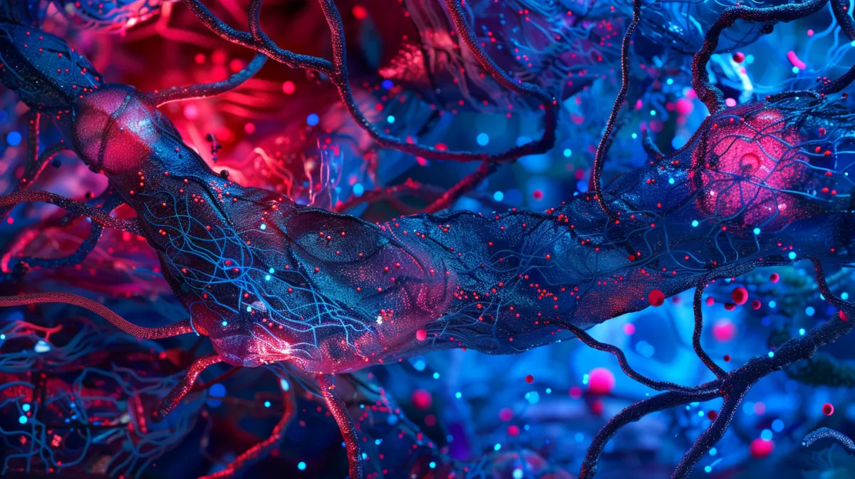 Abstract visualization of AI and biological systems merging through neural networks and glowing data streams, symbolizing the intersection of artificial intelligence and human physiology.