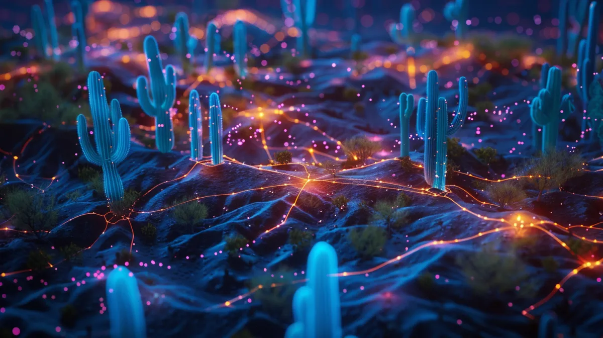 A futuristic digital map of Arizona with glowing network lines, representing statewide connectivity, business growth, and technological infrastructure.