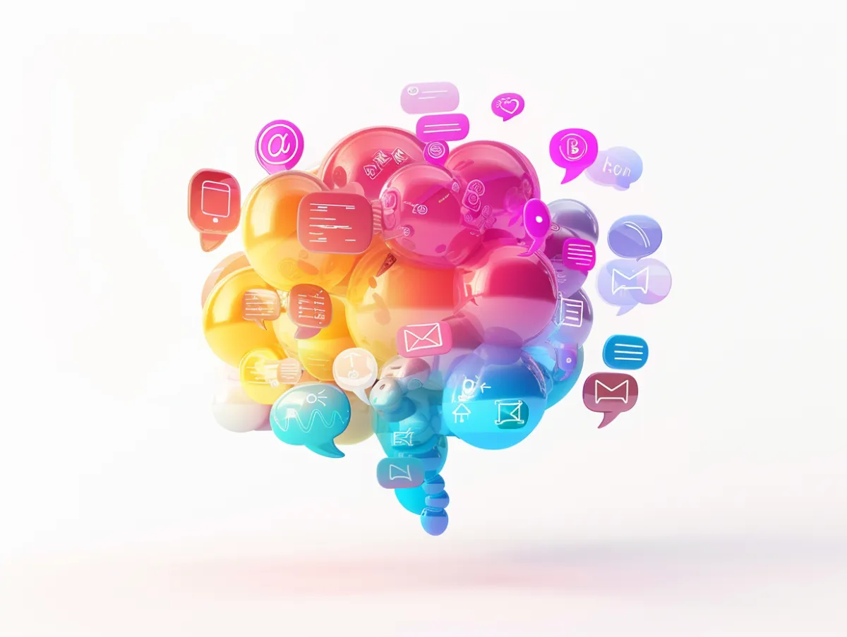 A colorful thought bubble composed of communication icons symbolizing marketing and customer engagement strategies.