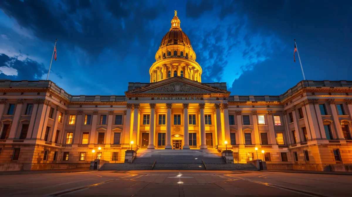Illuminated state capitol building with a golden dome against a dramatic evening sky, symbolizing government power.