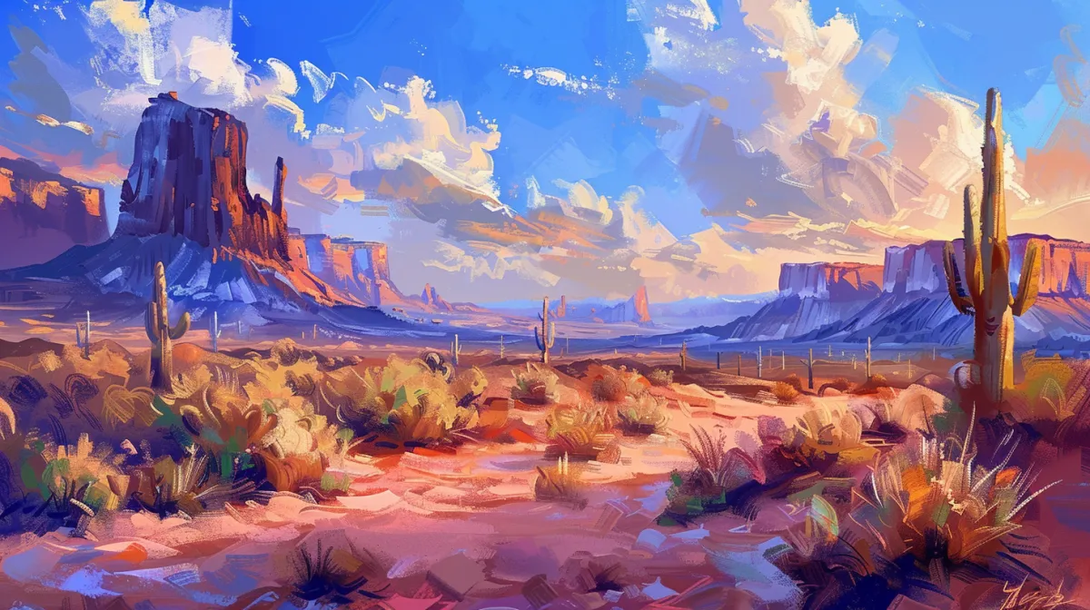 Impressionist painting of the Arizona desert at sunset, showcasing towering mesas, saguaro cacti, and vibrant skies that capture the state's natural beauty and identity.