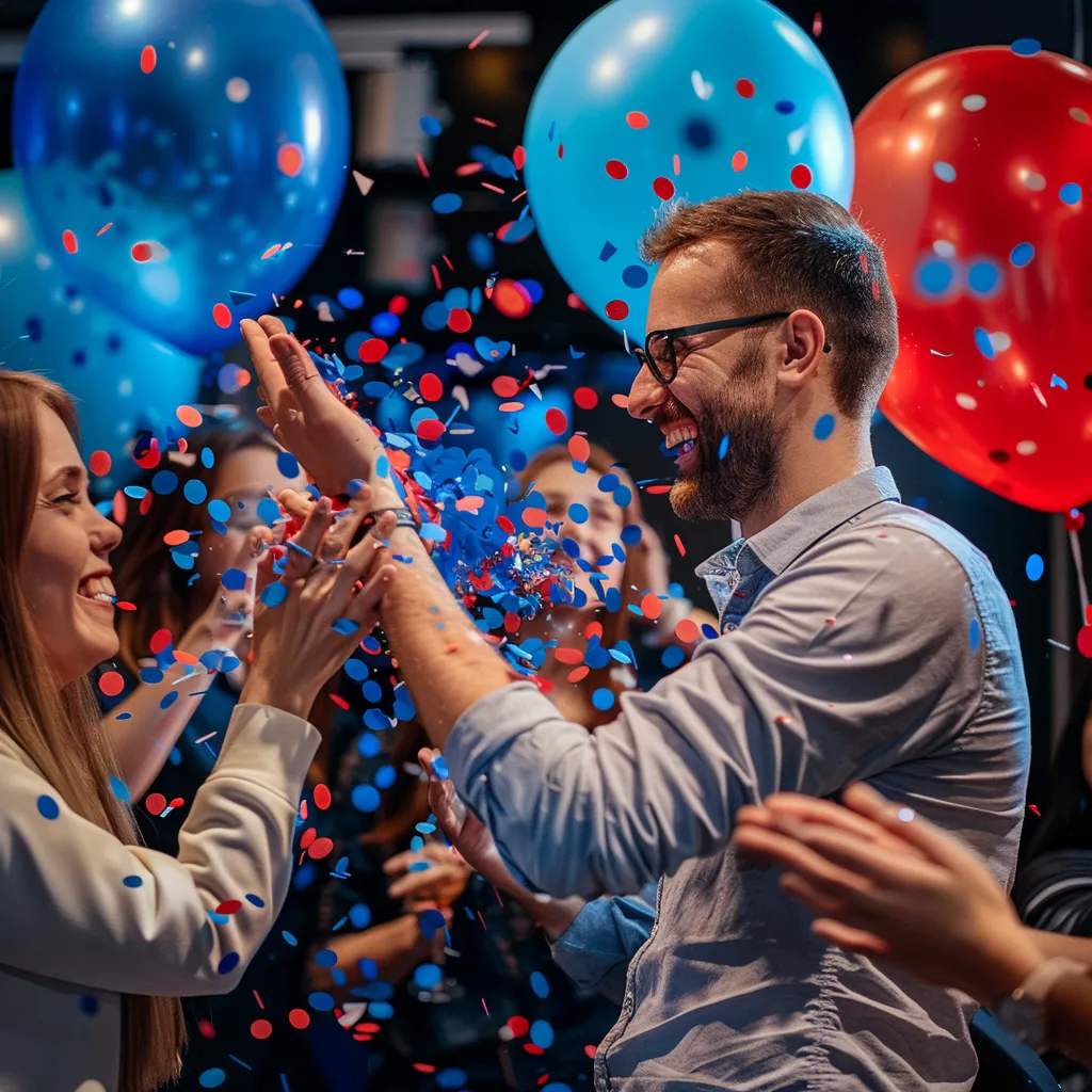 Smiling entrepreneurs celebrate a milestone with confetti and balloons, capturing the excitement and community spirit of startup success.